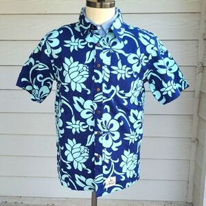 ZERO FOXTROT Blue Light Blue Floral Cotton‎ Blend Medium Mens Hawaiian Shirt